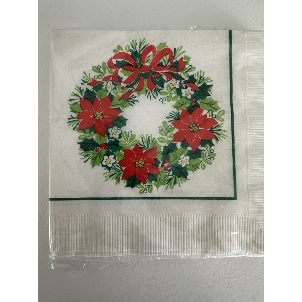 Vtg Christmas Napkins Paper Poinsettia Wreath Dinner Size 13.5" NOS PKG of 16